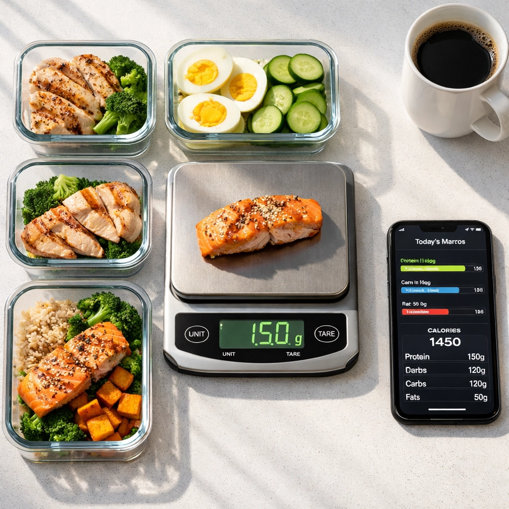 Meal prep with portioned protein sources and macro tracking for precise nutrition