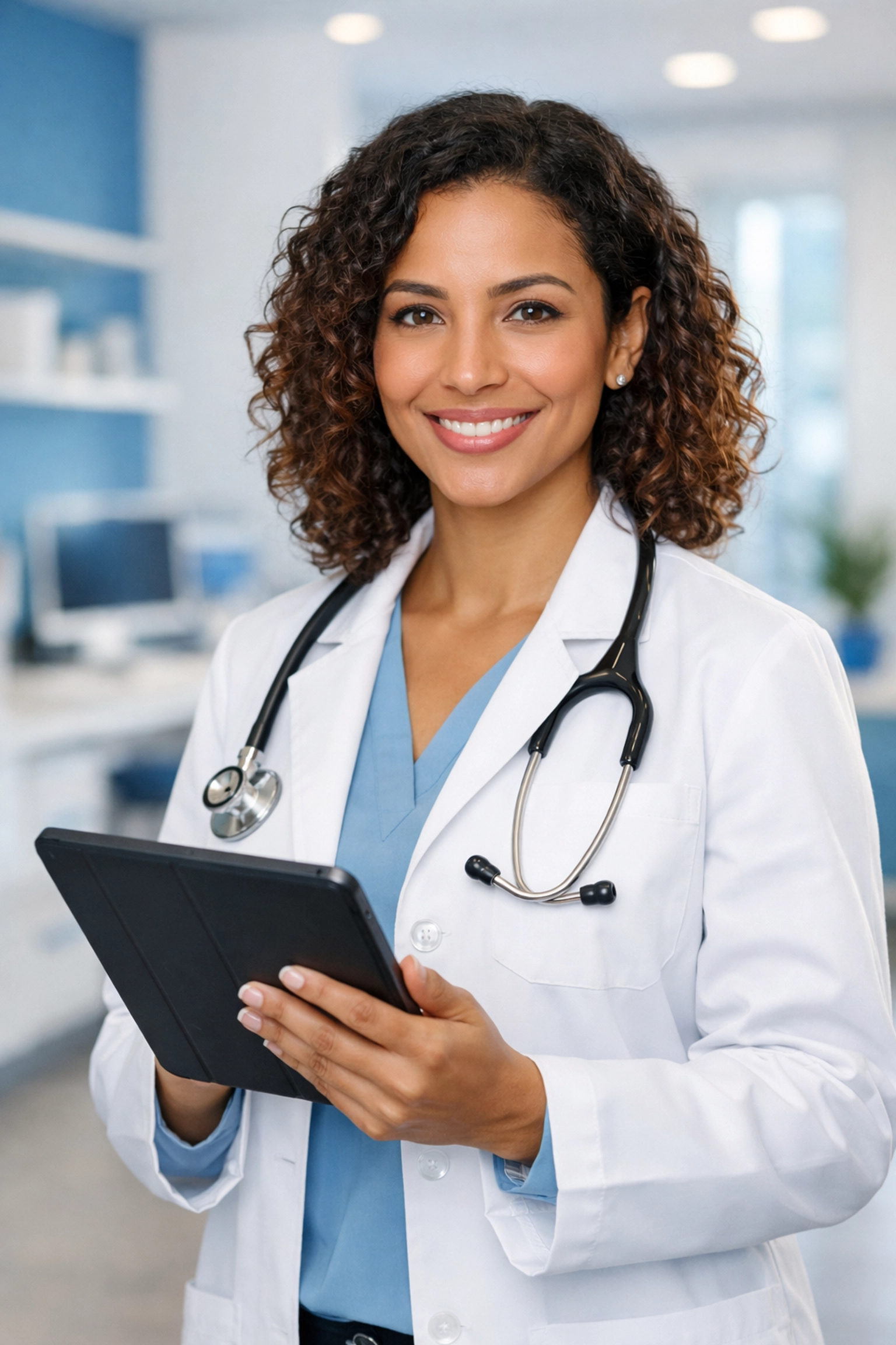 A licensed medical provider using a tablet for an online weight loss doctor consultation about GLP-1 medications.