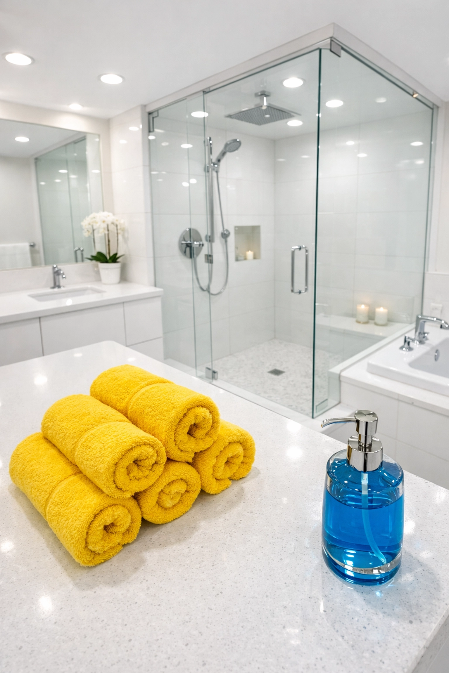 Sparkling clean bathroom with white tiles and fresh towels, showing results of weekly house cleaning in Littleton.