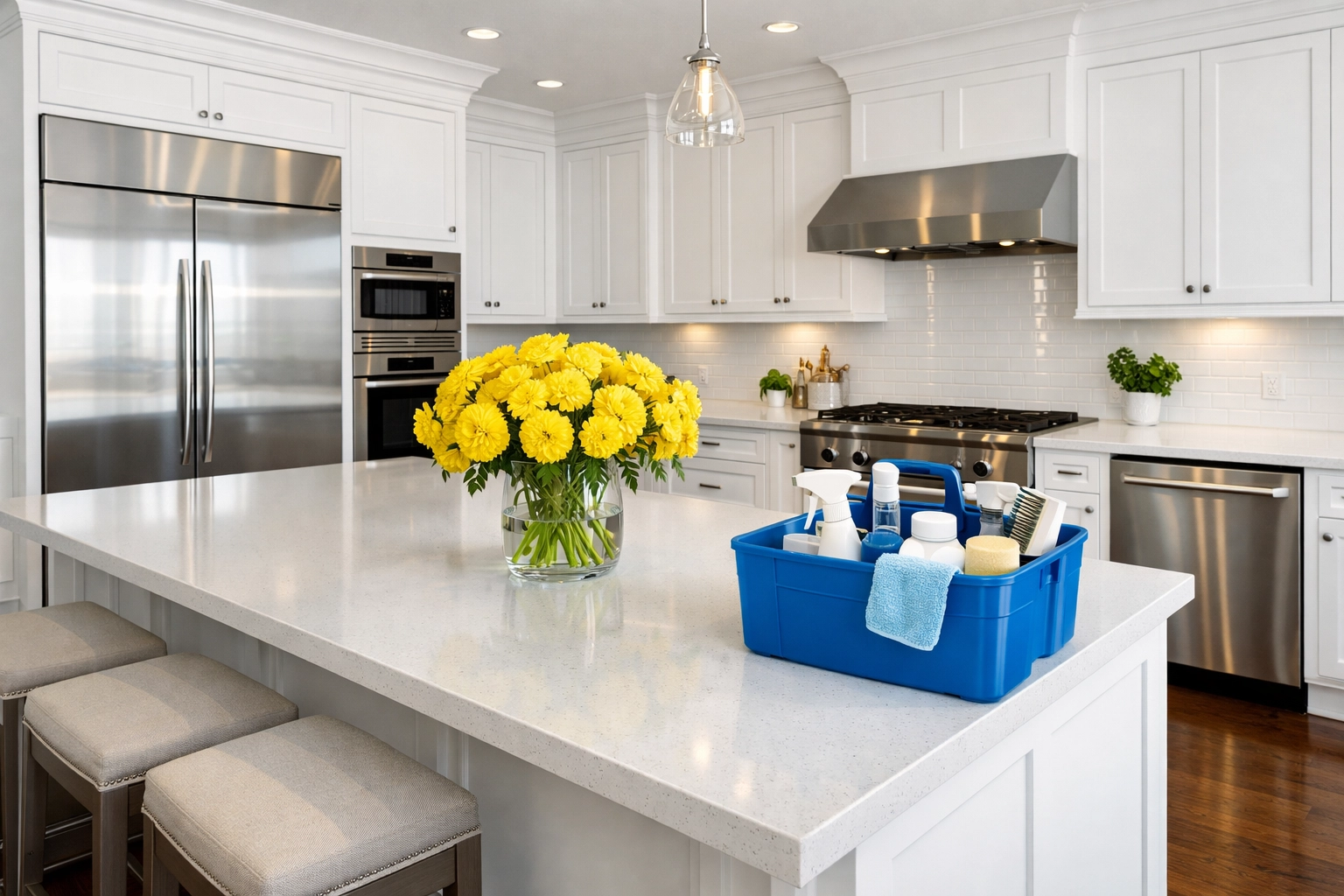 Clean high-end kitchen appliances and cabinetry serviced by professional house cleaners in Harvard.