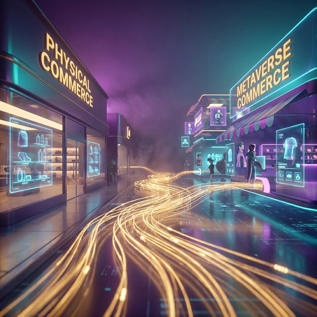 Futuristic retail and metaverse marketplace showcasing seamless Larecoin Web3 payment integration