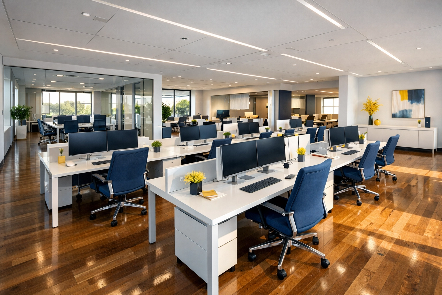 Spotless modern office interior in Sharon, MA, with polished floors and organized workstations.