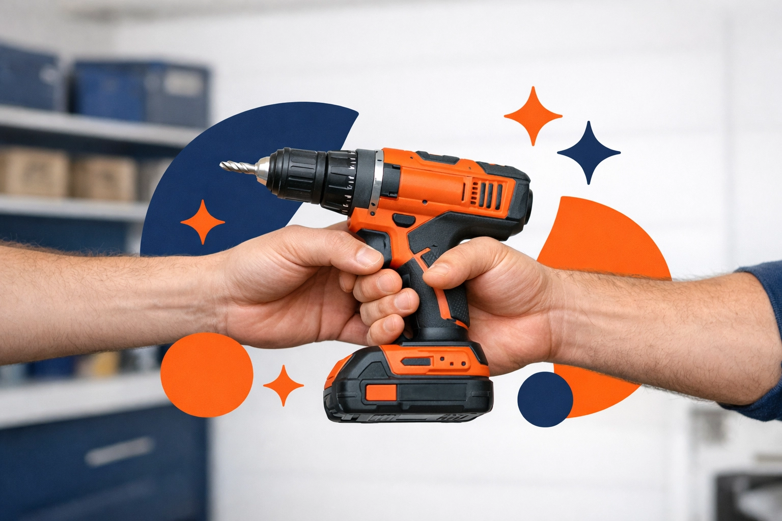 Two people sharing a power drill in a workshop, highlighting neighborhood tool rental services.