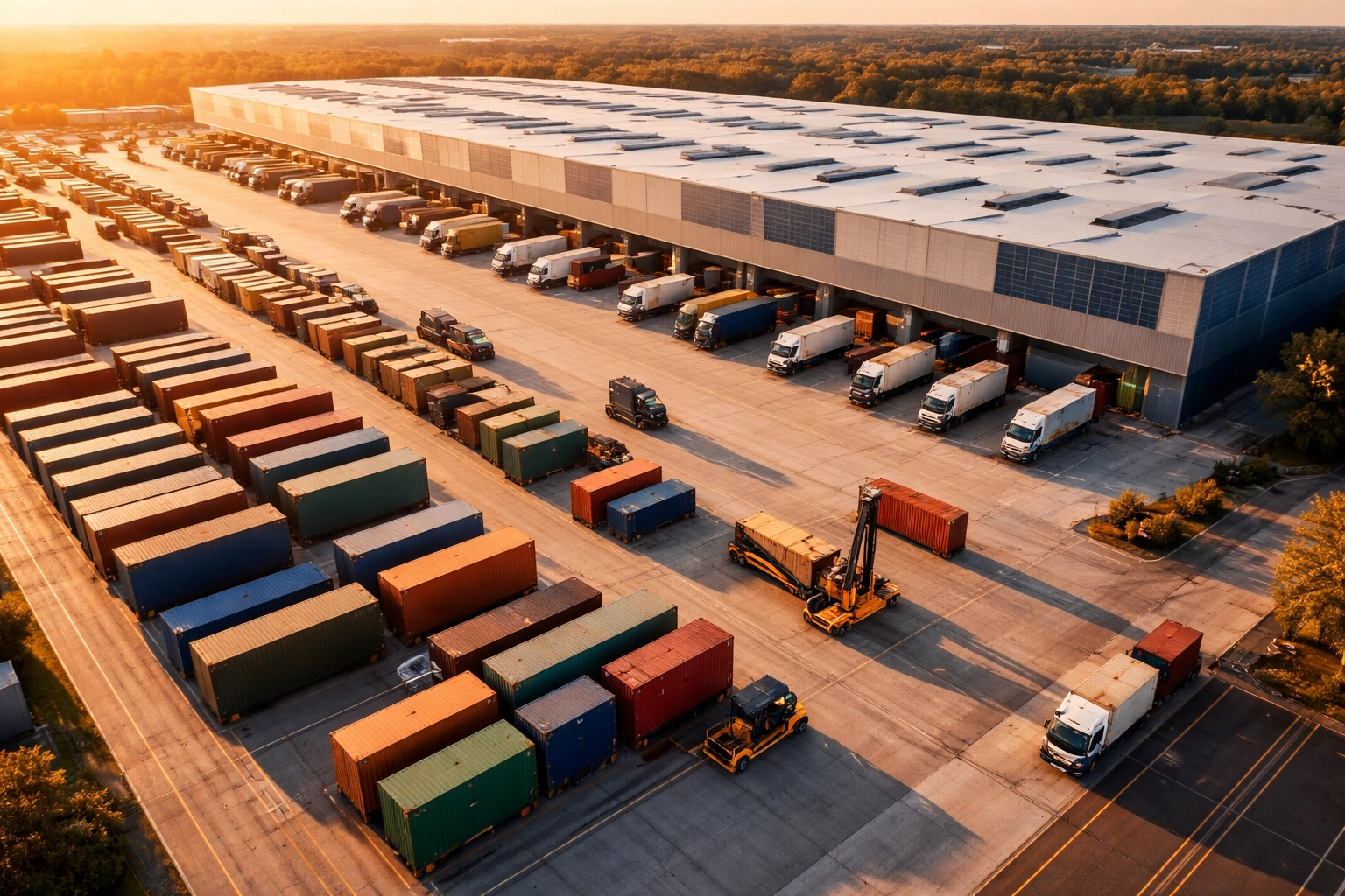 Aerial view of a large distribution center with organized shipping containers, trucks, and efficient warehouse logistics
