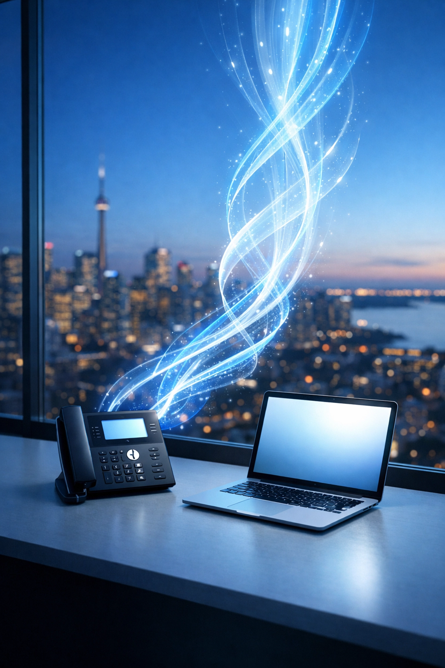 Modern business phone on an office desk symbolizing cloud PBX canada transition in a Canadian city.