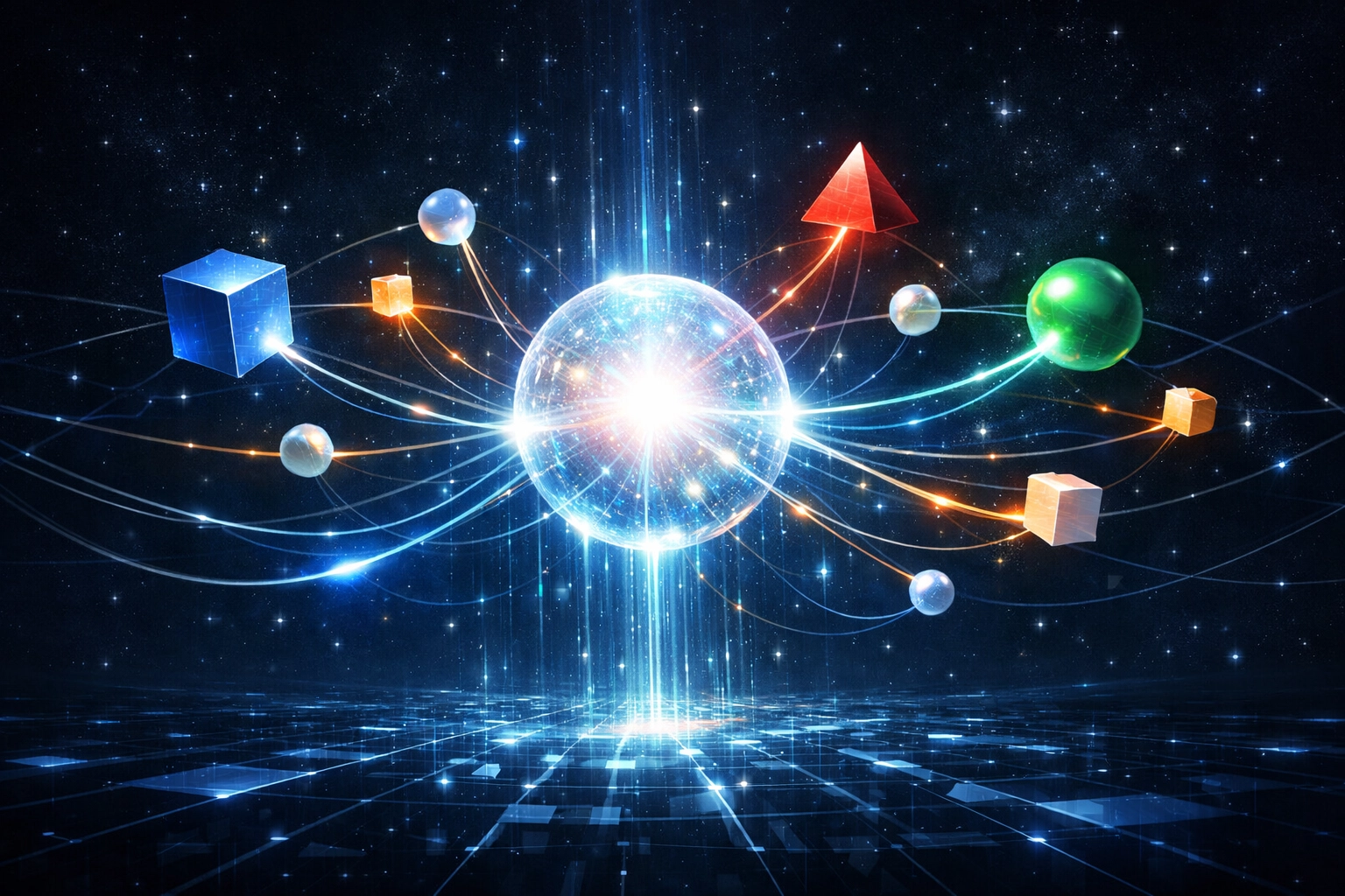 Luminous AI hub connected to digital nodes for integrated SEO, video marketing, and business automation.