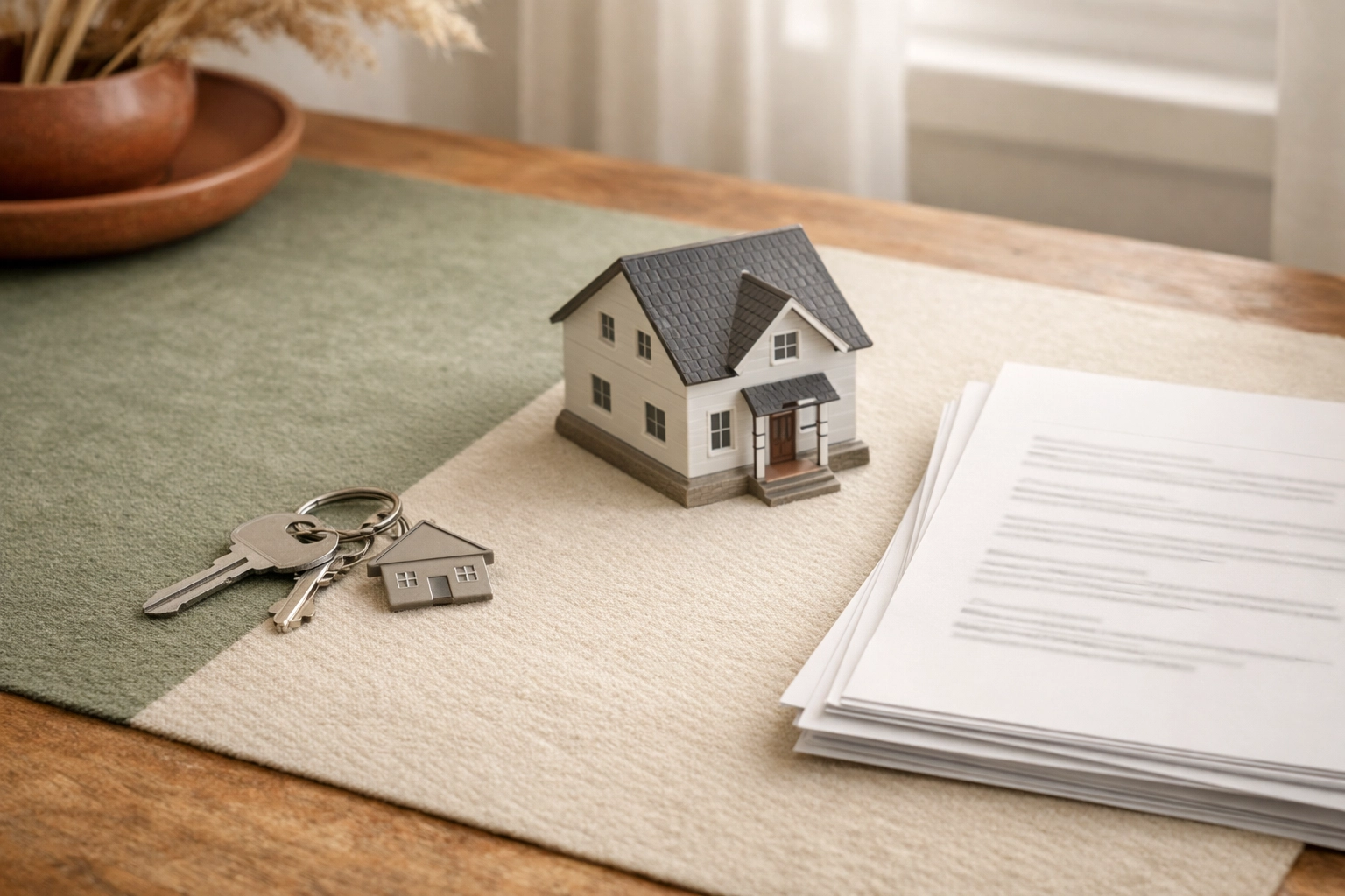 House keys and home paperwork on an organic textured Business Boho surface in warm terracotta, sage, and cream.