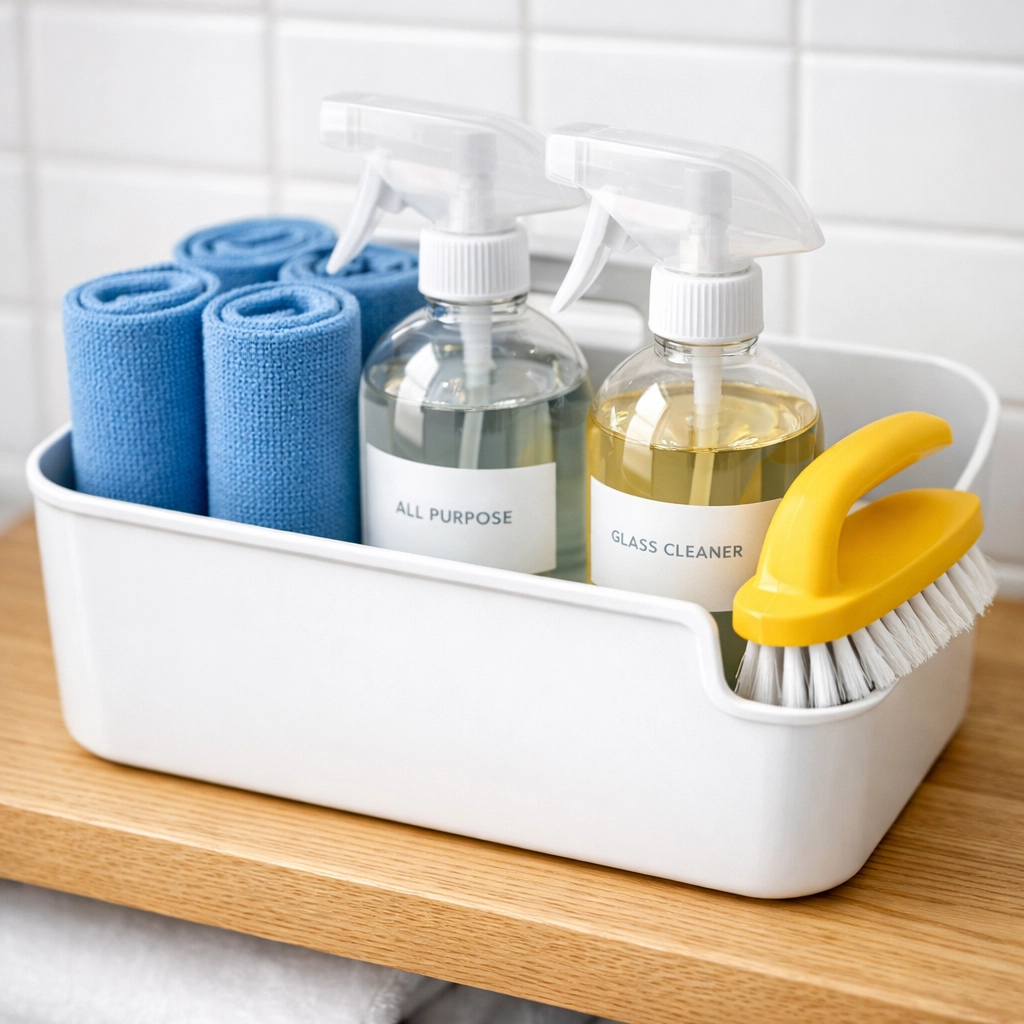 Organized cleaning caddy featuring eco-friendly house cleaning Leominster MA supplies for efficient home maintenance.