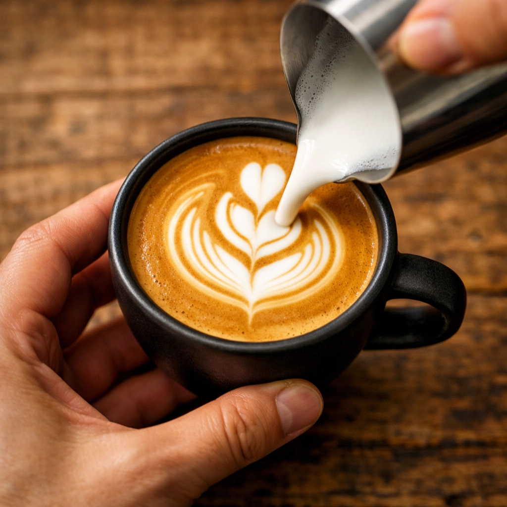 Barista pouring silky microfoam milk into an espresso cup to create tulip latte art in a specialty coffee shop.