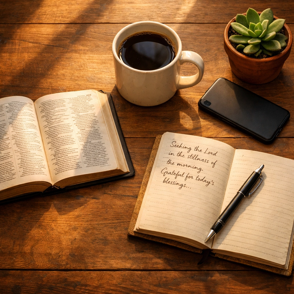 Peaceful midday scene with open Bible, coffee, and journal for taking a news break with faith