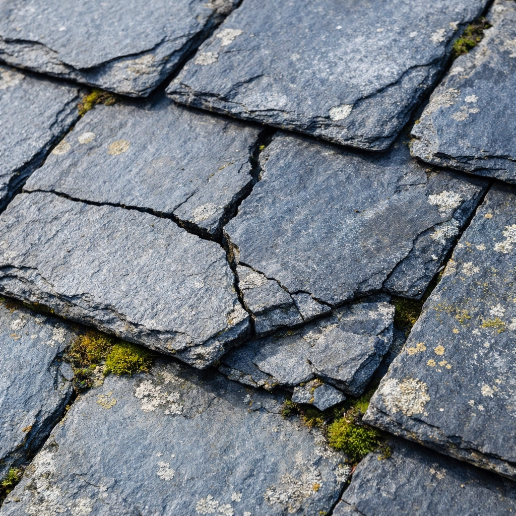 Cracked and weathered roof tiles with moss growth showing material degradation