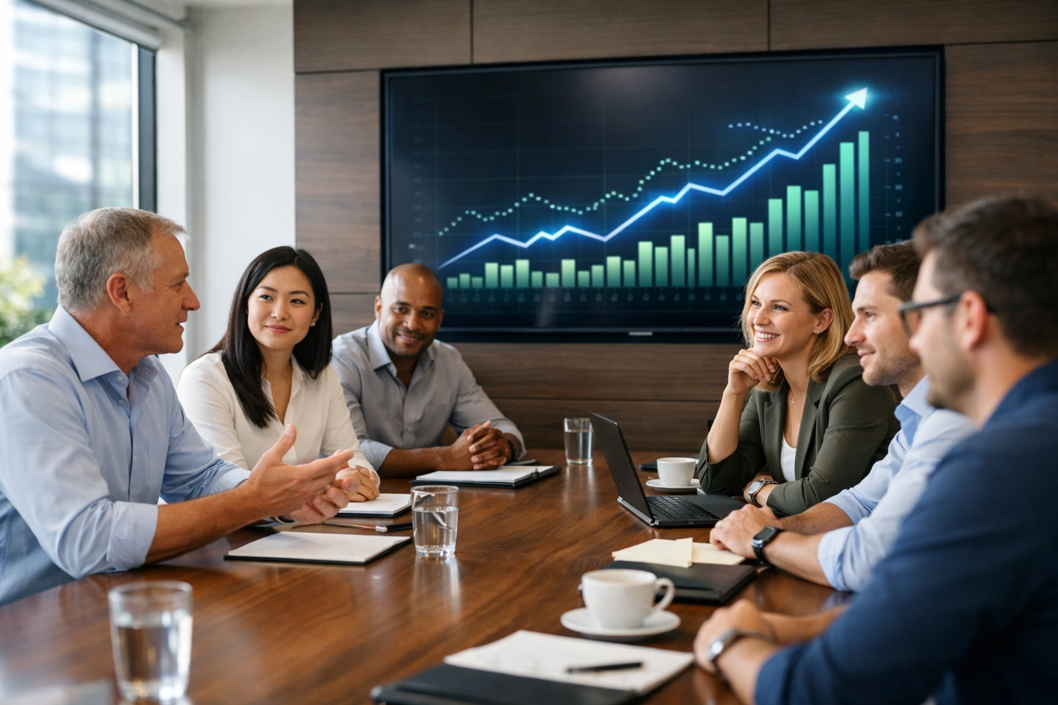 A strategic business meeting at Dakdan Worldwide analyzing media performance data in a modern boardroom.