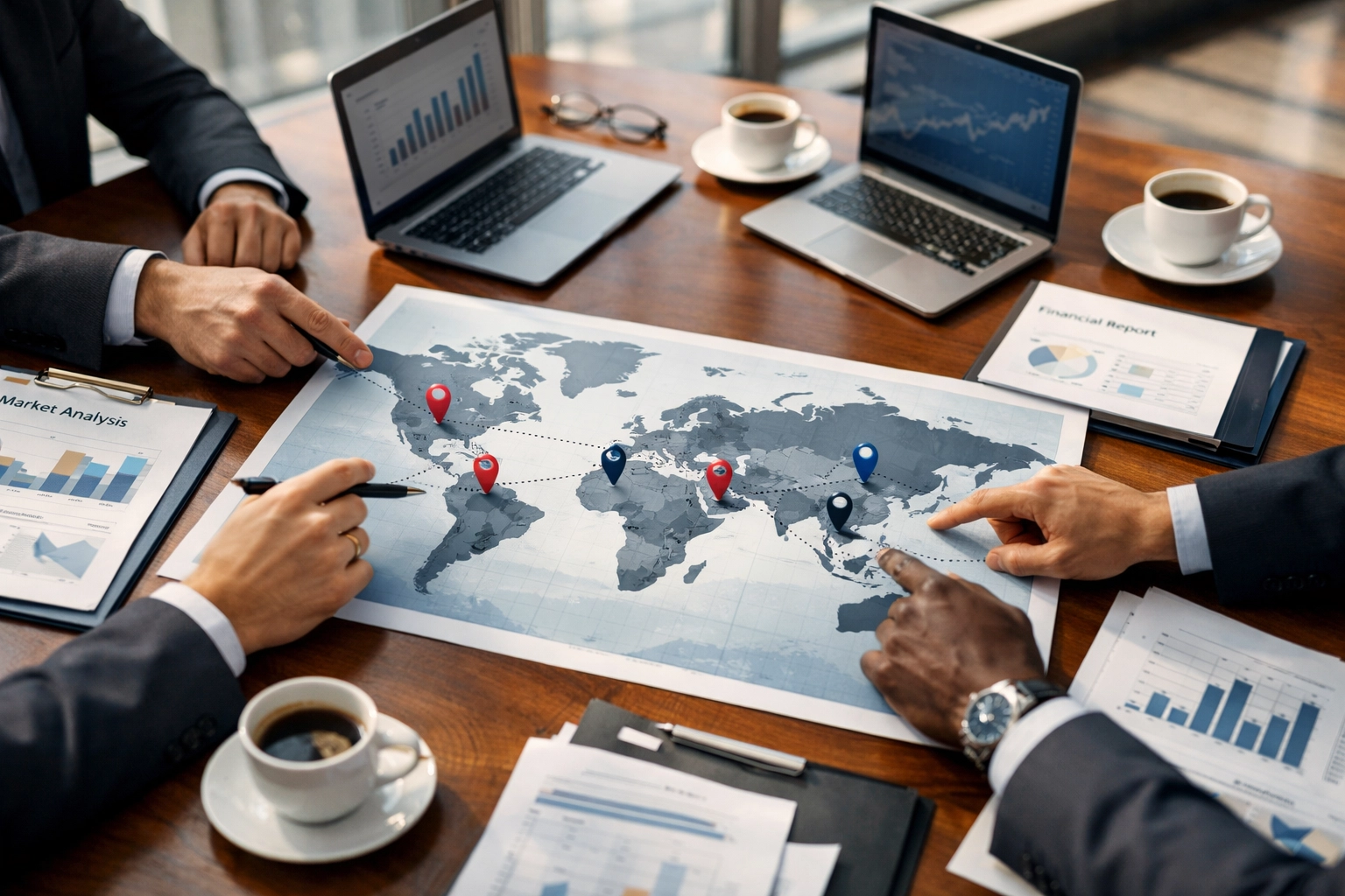 Business executives conducting global expansion readiness assessment with world map and strategic planning documents