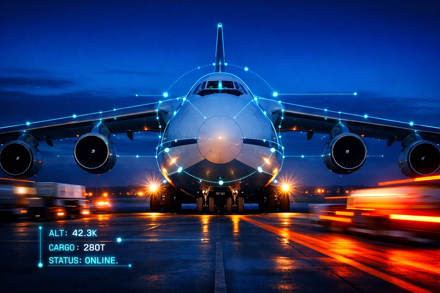 Cargo plane on tarmac during twilight, representing fast air freight services and efficient documentation.