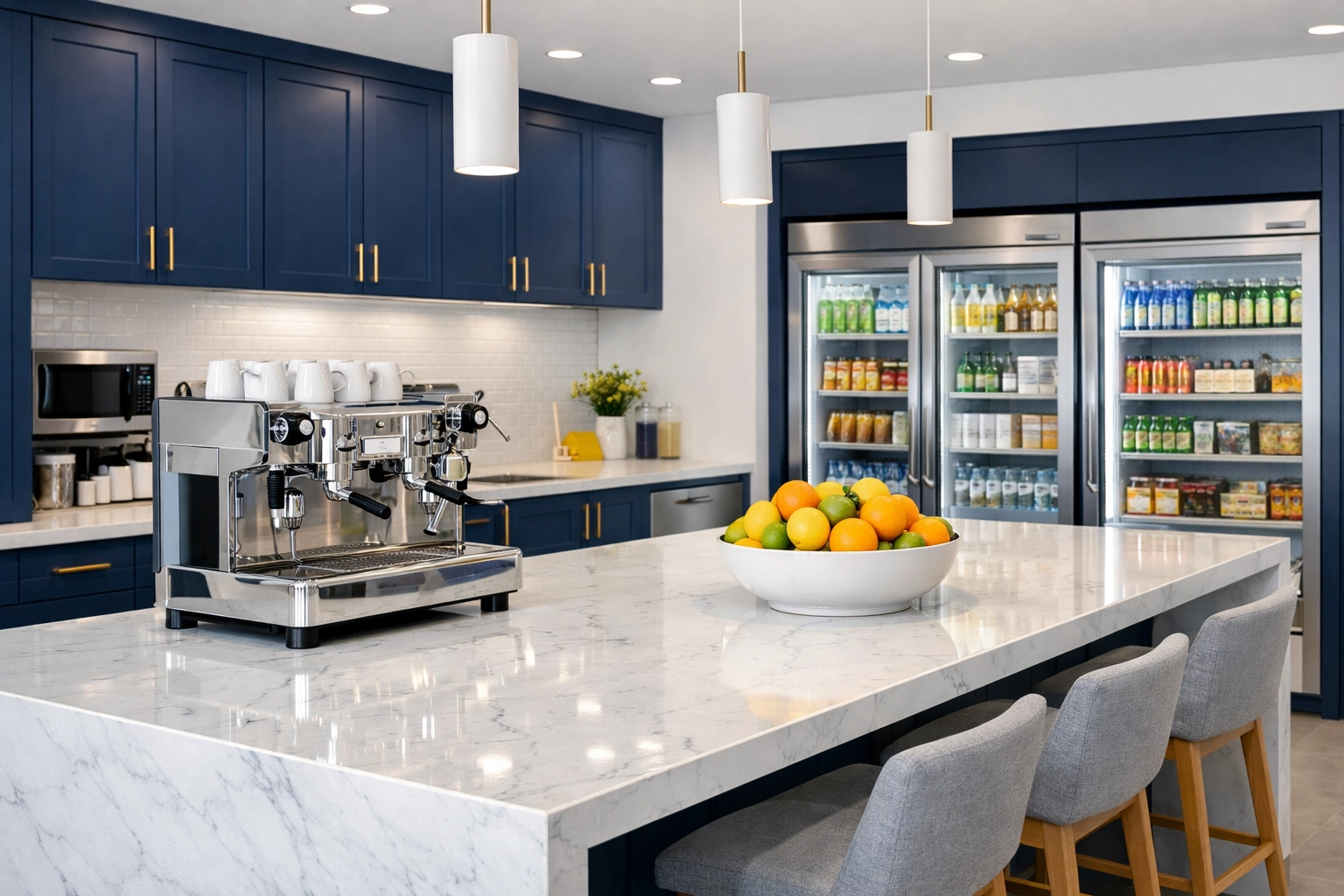 Clean office breakroom in Cambridge featuring sanitized marble countertops and organized kitchen supplies.