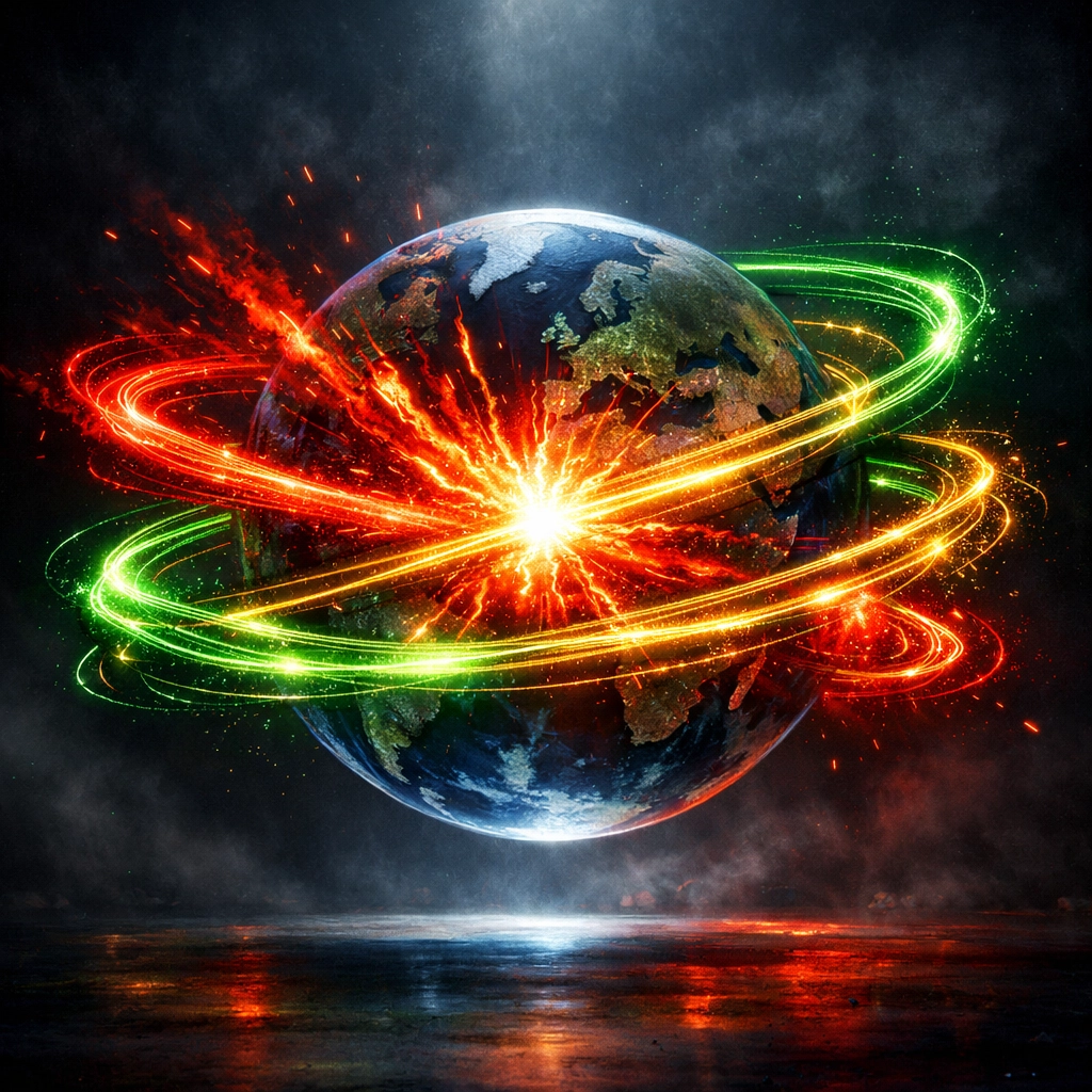 A globe wrapped in vibrant red, gold, and green sound ribbons representing a global frequency of music.