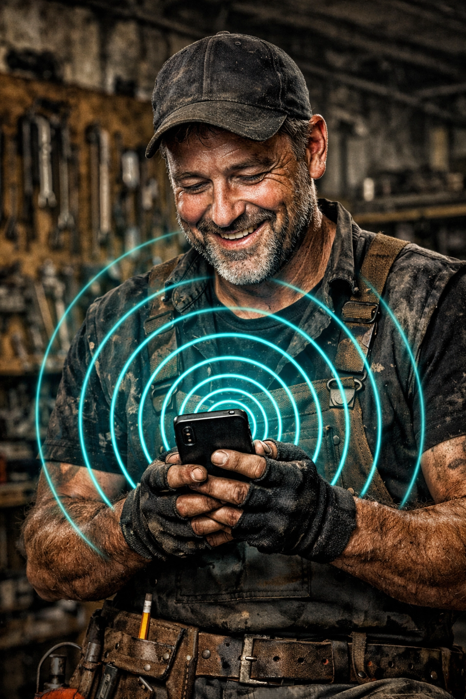 Contractor viewing positive reviews on a smartphone to build social proof and digital authority.