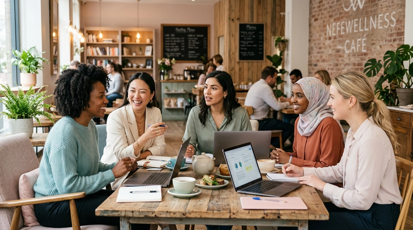 Diverse ambitious women in a warm, collaborative café workspace.