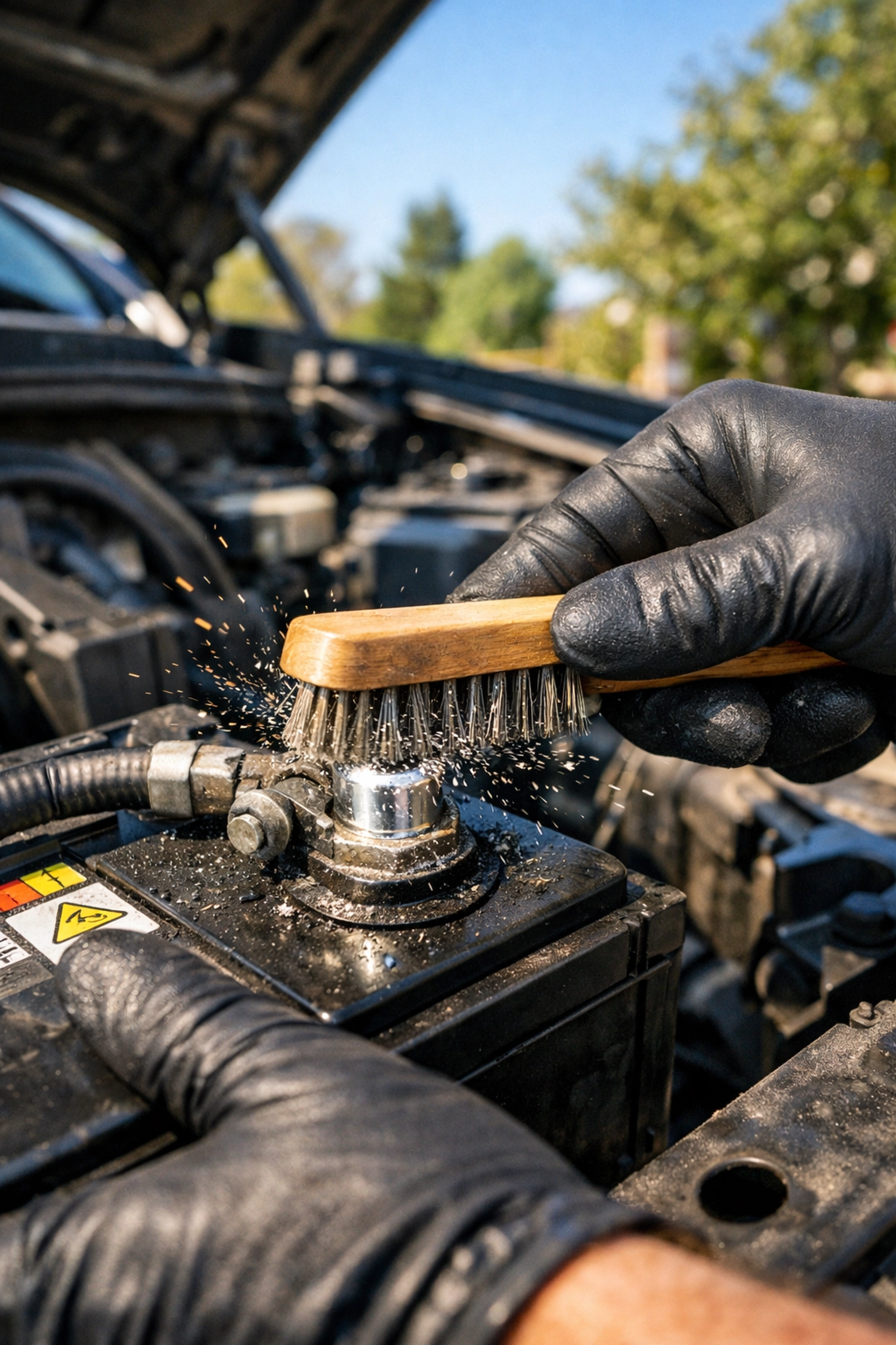 Mechanic cleaning battery terminals with a wire brush as part of routine car maintenance.