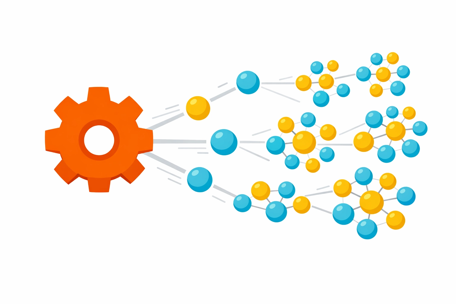 Scalable custom eLearning solutions illustrated by a gear and multiplying spheres for business growth.