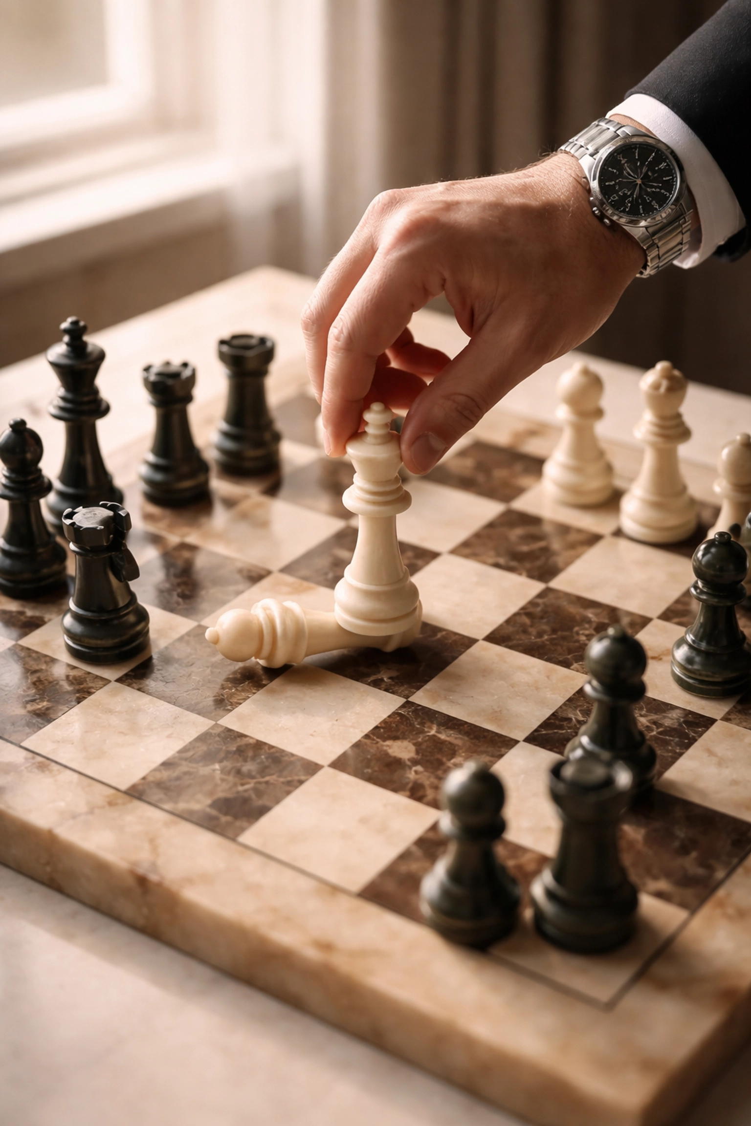 Chess piece being lifted symbolizing strategic corporate turnaround and business recovery