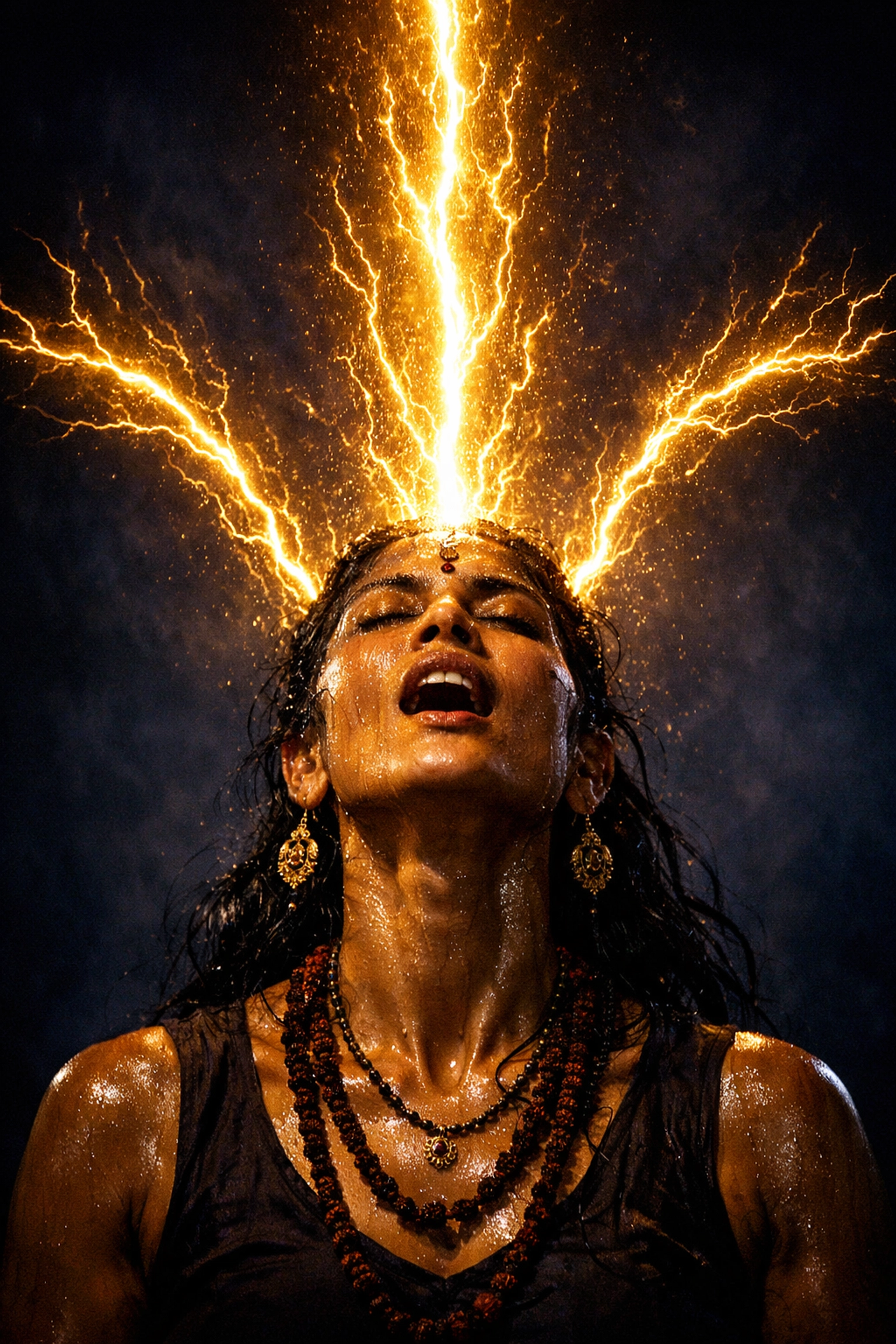 South Asian woman meditating with golden energy streams representing Chhinnamasta's power in the sushumna.