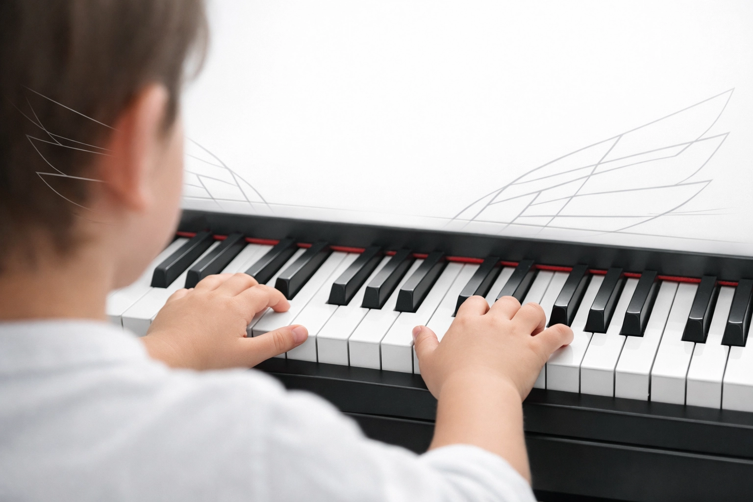 Close-up of a child's hands on piano keys, symbolizing confidence and PianoFlight's music method.