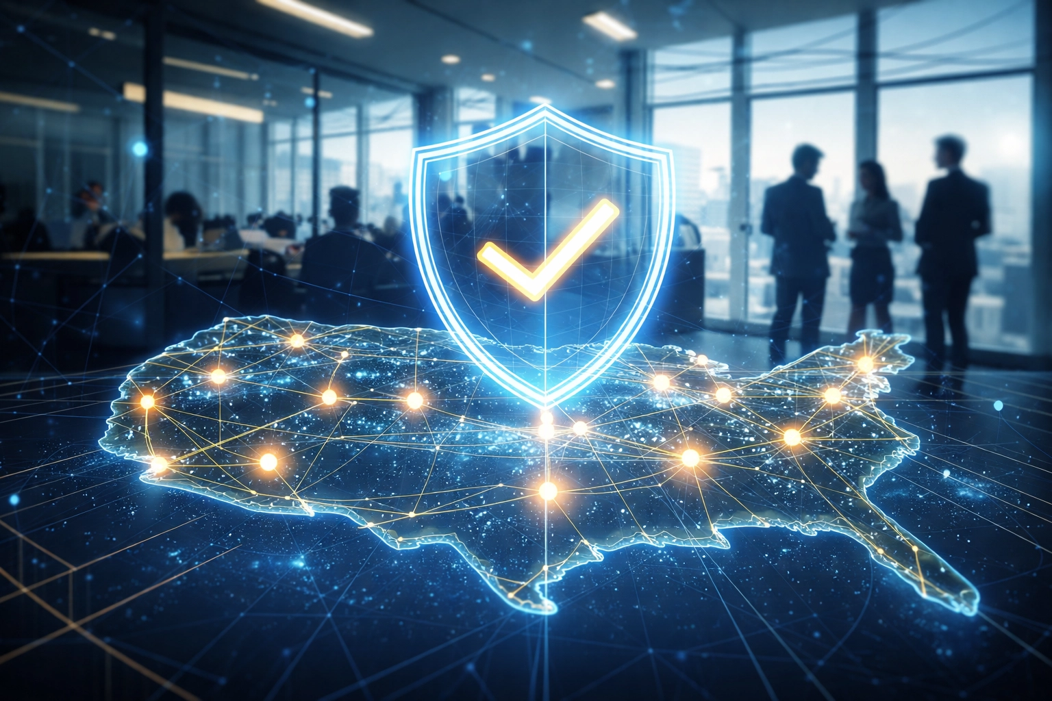 Compliance and security visualized with a shield over a US map, showing Larecoin's nationwide MTL coverage for merchants