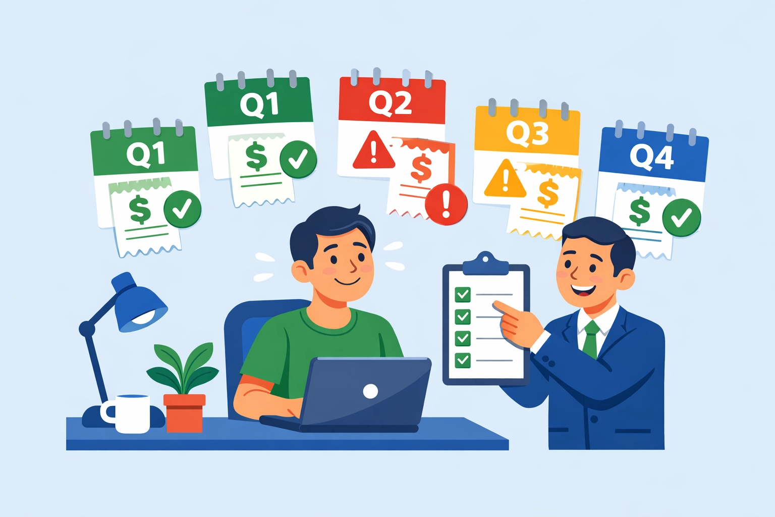 Self-employed business owner organizing quarterly estimated tax payments with professional tax preparer