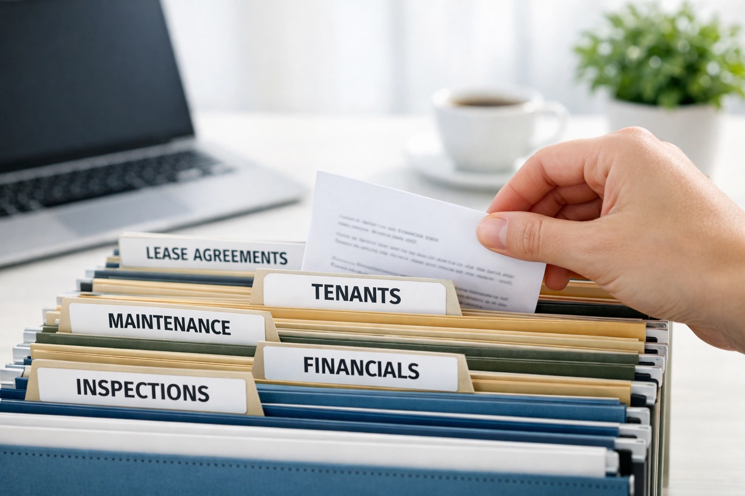 Organized landlord compliance documents and property management records on desk