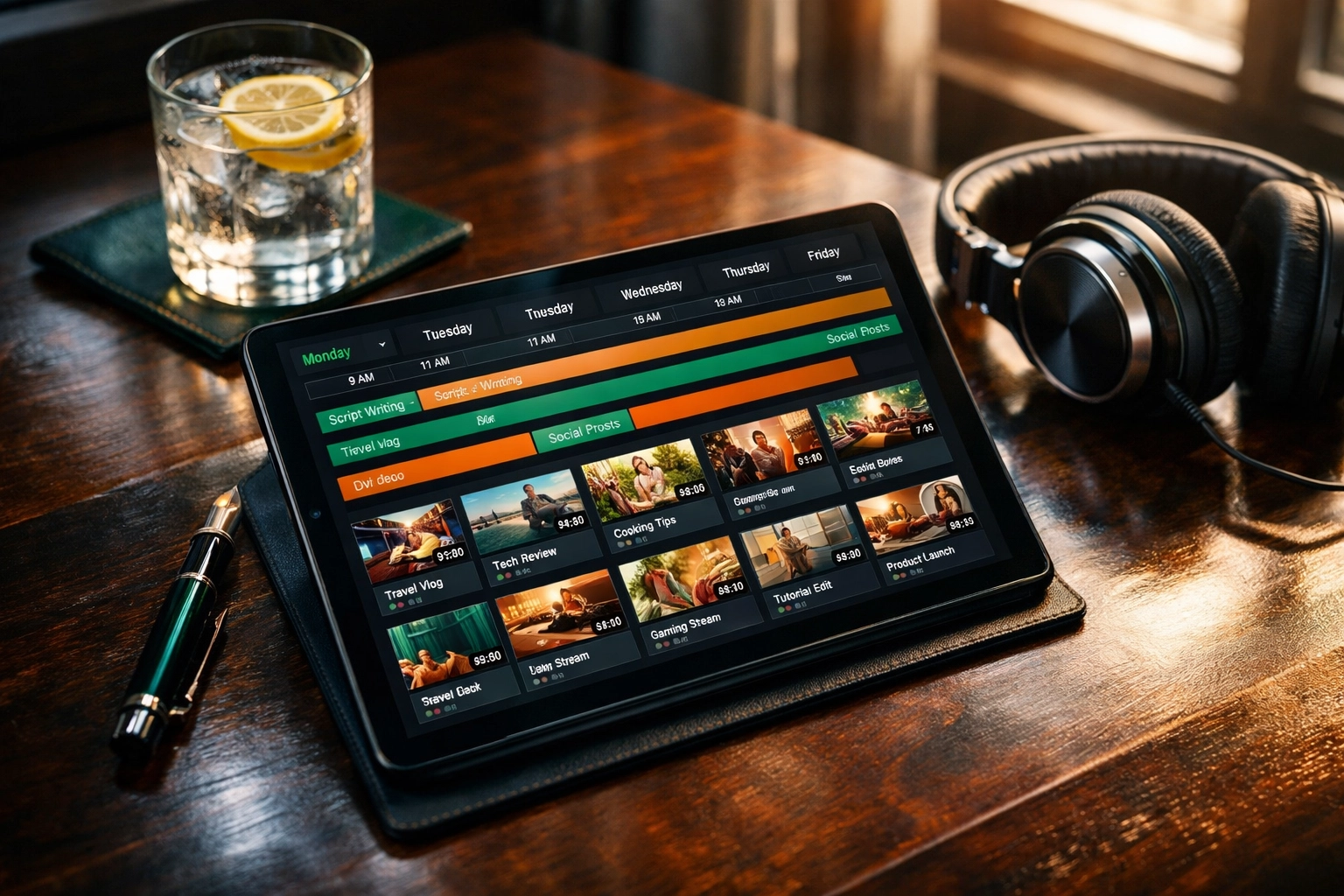 Planning a video content calendar on a tablet for efficient small business video marketing strategy.