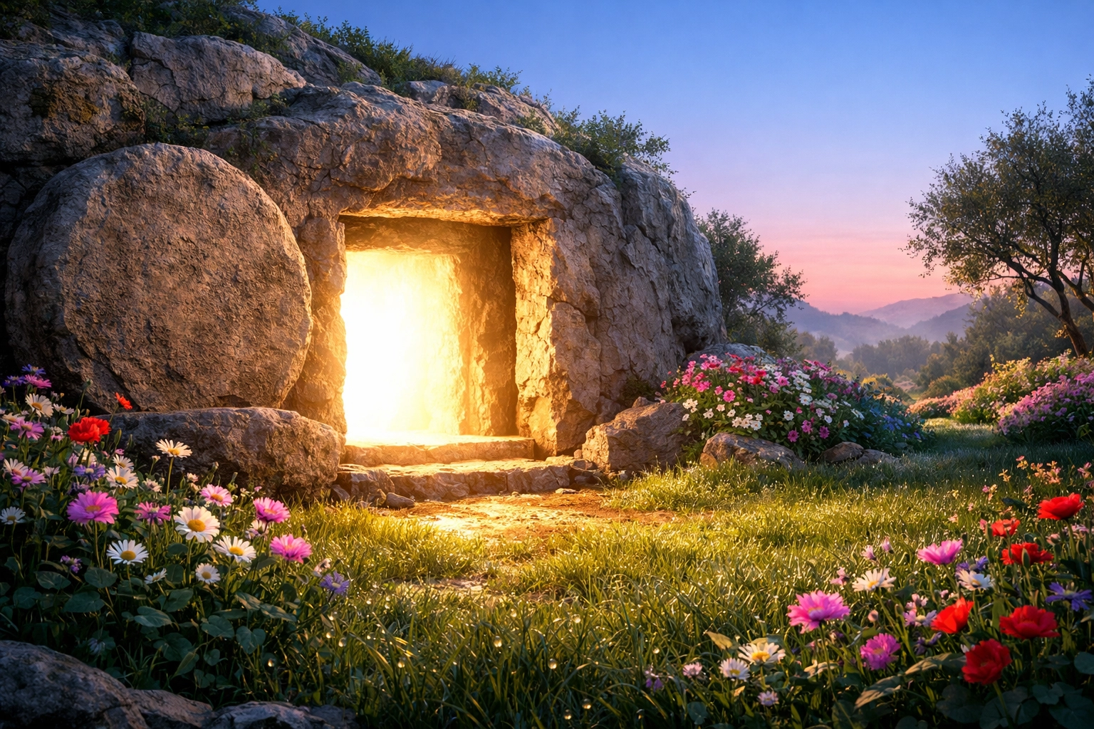 The empty tomb of Jesus in a blooming garden at dawn, signifying the hope and victory of the resurrection.