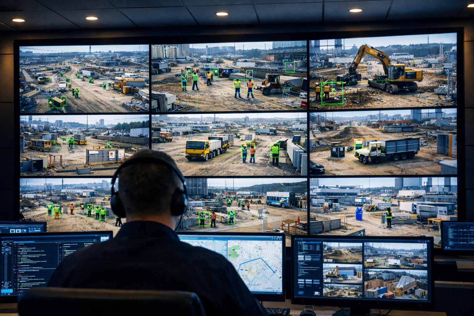 Security operator monitoring live AI detection feeds in a high-tech control room for hybrid site security.