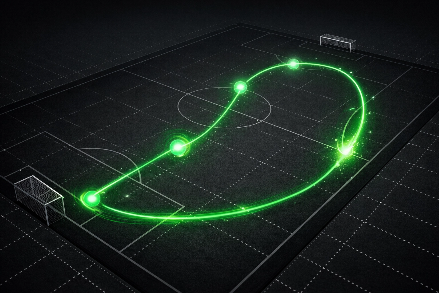Digital football pitch with green light trails showing sequence-aware xG+ football analysis of an attack.