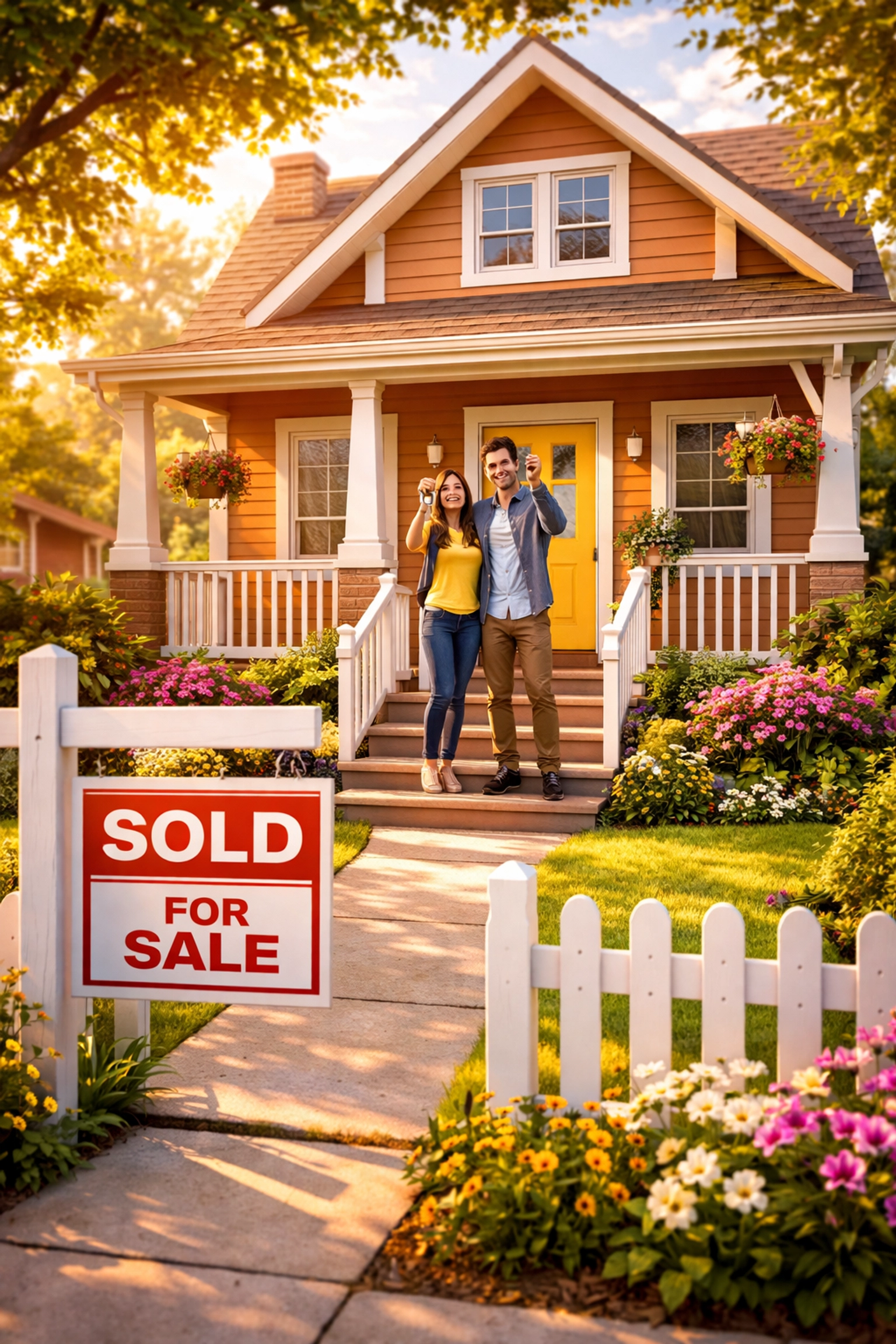 Happy couple holding keys on porch of their newly purchased home with sold sign, celebrating homeownership in 2026