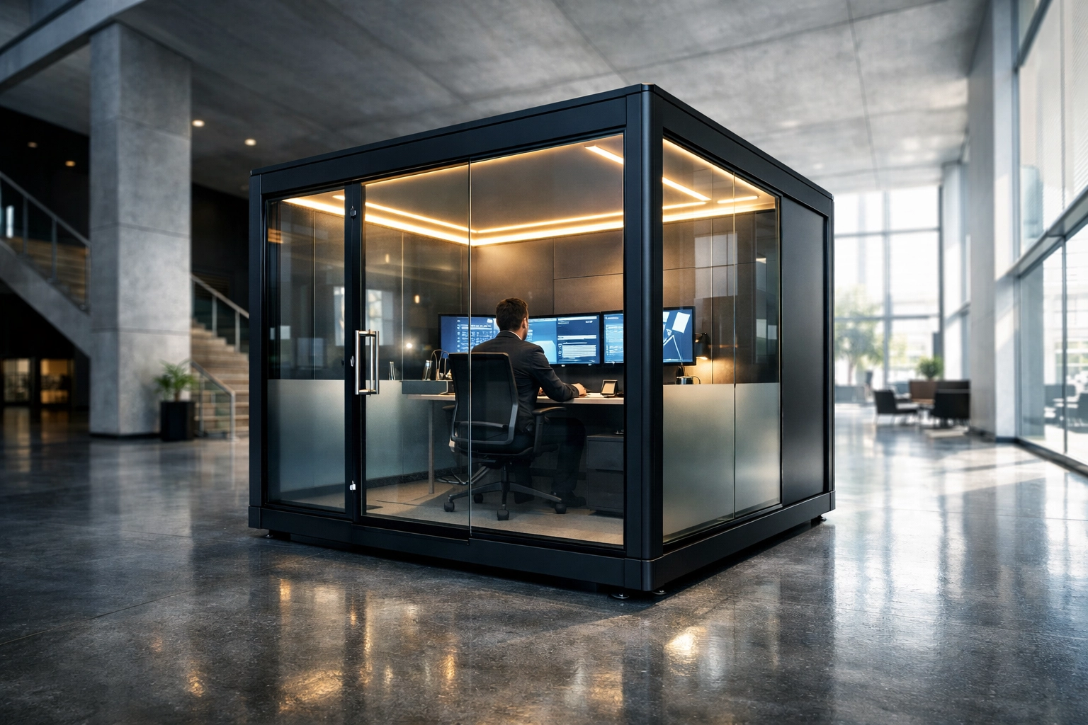 A sleek, modular glass-walled workspace pod designed for focused work in a modern corporate lobby.