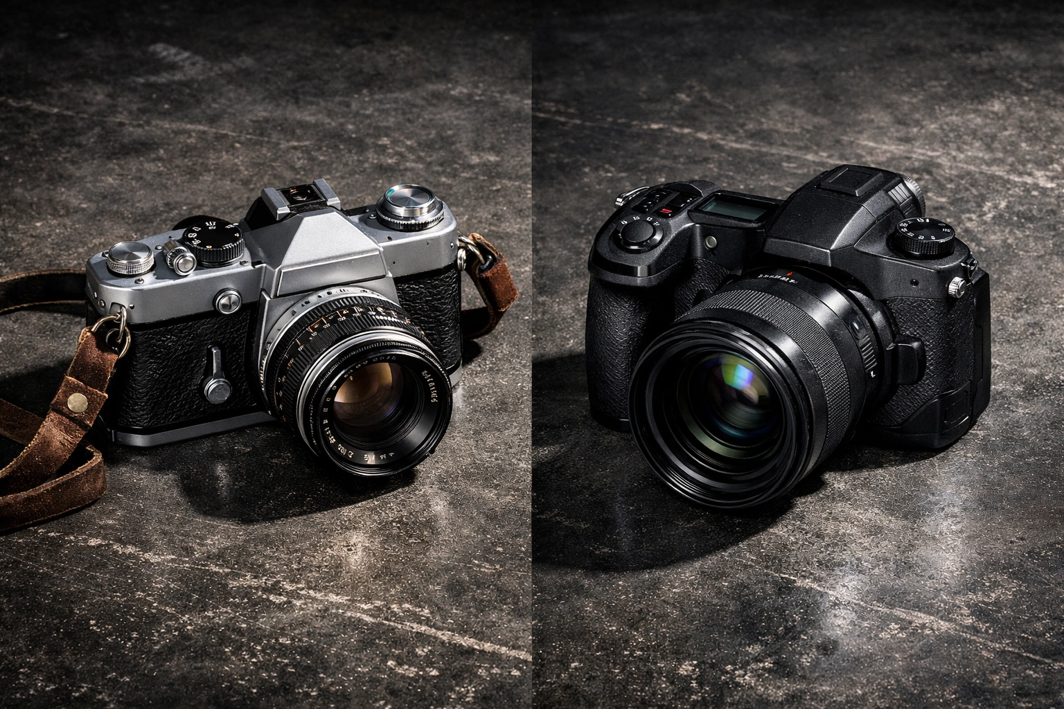 Side-by-side comparison of a vintage film camera and a sleek 2026 digital mirrorless camera.