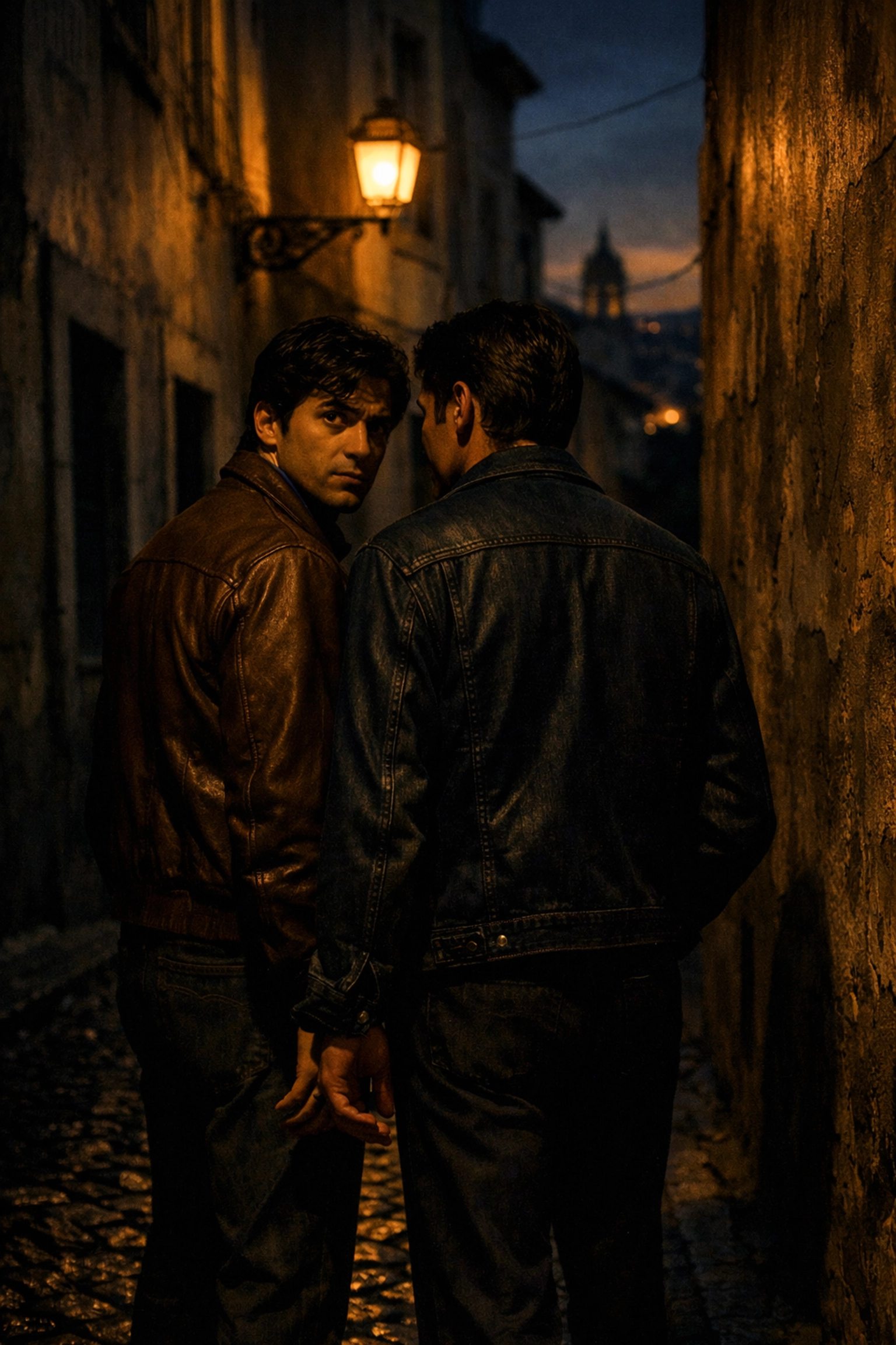 Gay men in shadows on Lisbon street before Portugal's 1982 decriminalization