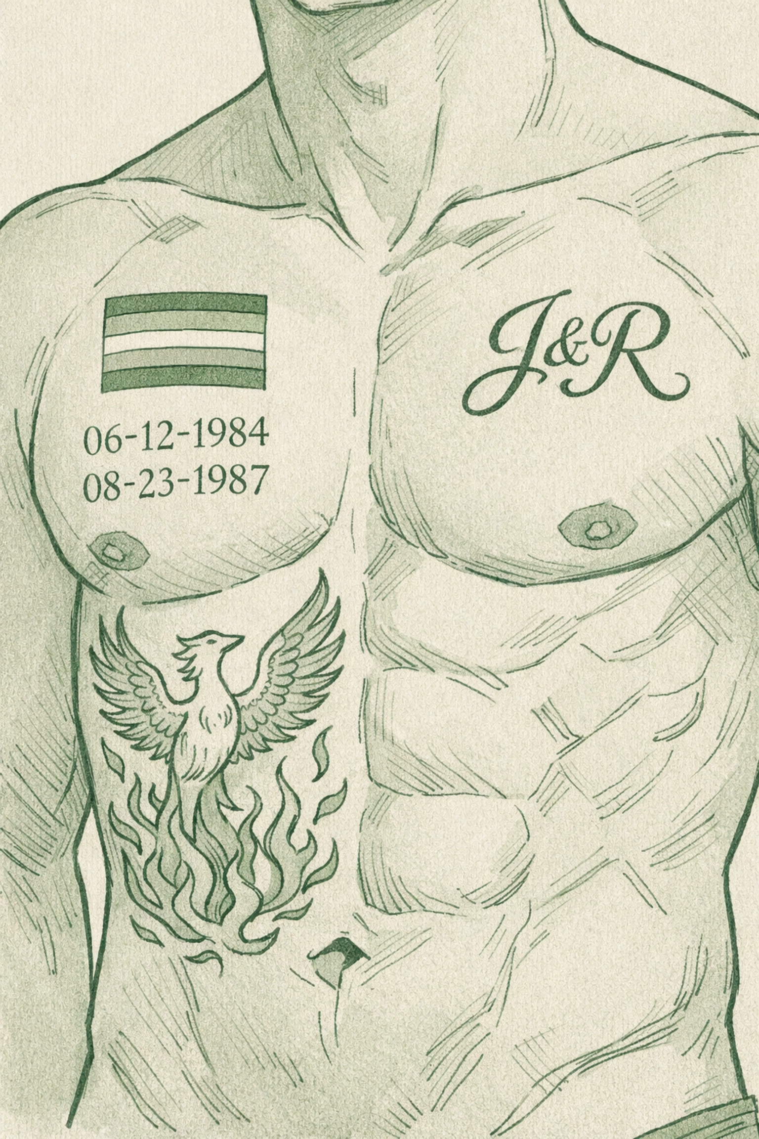 Gay man's tattooed torso featuring LGBTQ+ pride symbols and AIDS memorial ribbons
