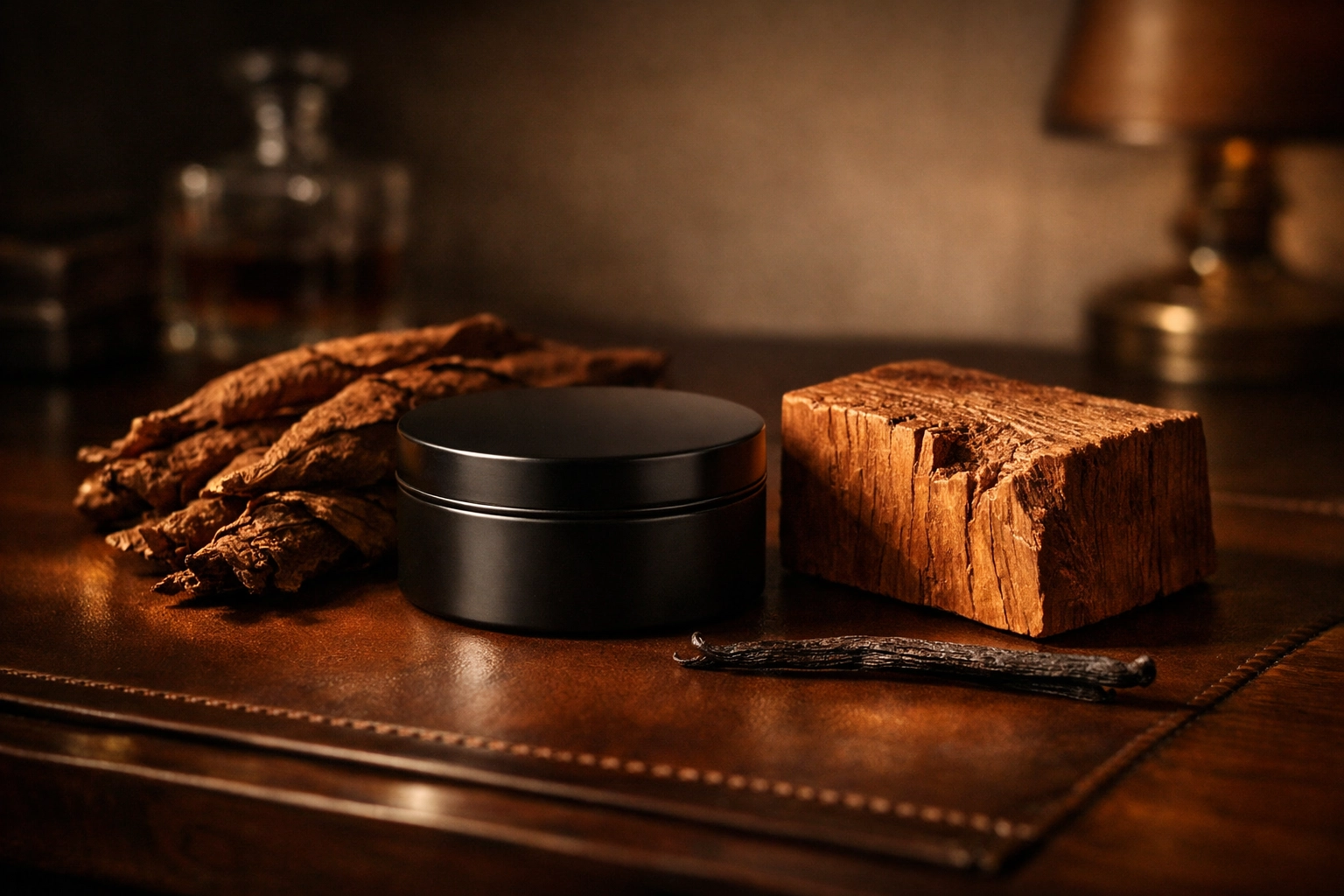 Cigarwood beard butter surrounded by natural tobacco leaves, cedarwood, and vanilla beans.