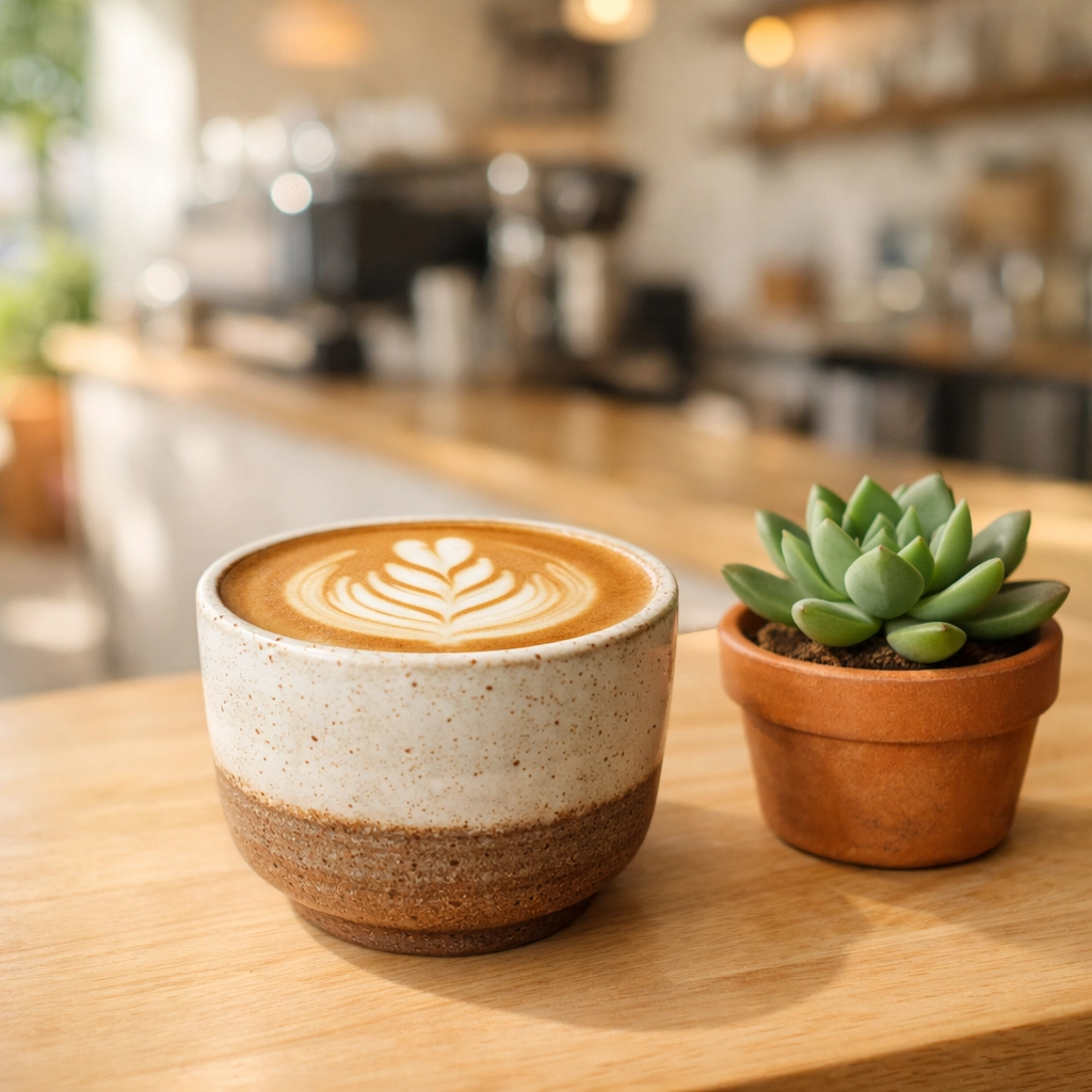 Fresh latte in a ceramic cup on a wooden counter in a sun-drenched coffee shop.