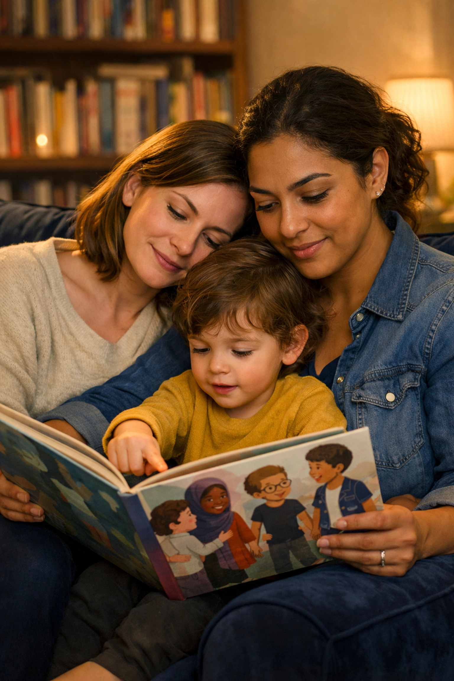 Two lesbian mothers reading an inclusive LGBTQ+ children's book to their child in a cozy home library.