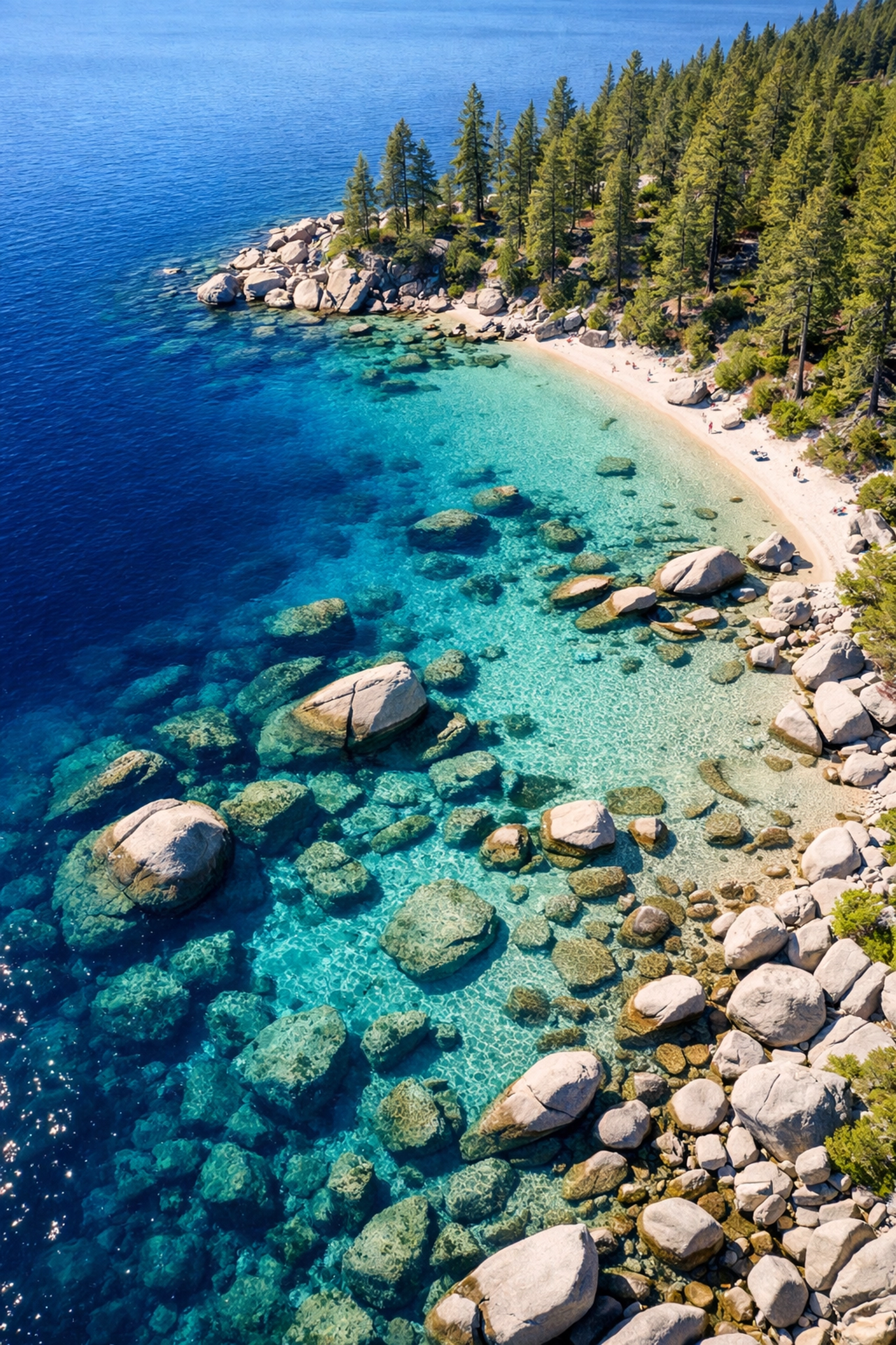 Aerial drone view of turquoise water and granite boulders at Secret Cove, Lake Tahoe East Shore.