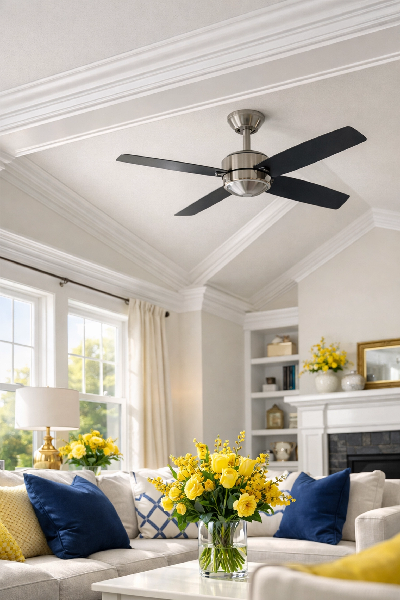 Clean living room in Franklin, Massachusetts, showing professional deep cleaning results on crown molding.