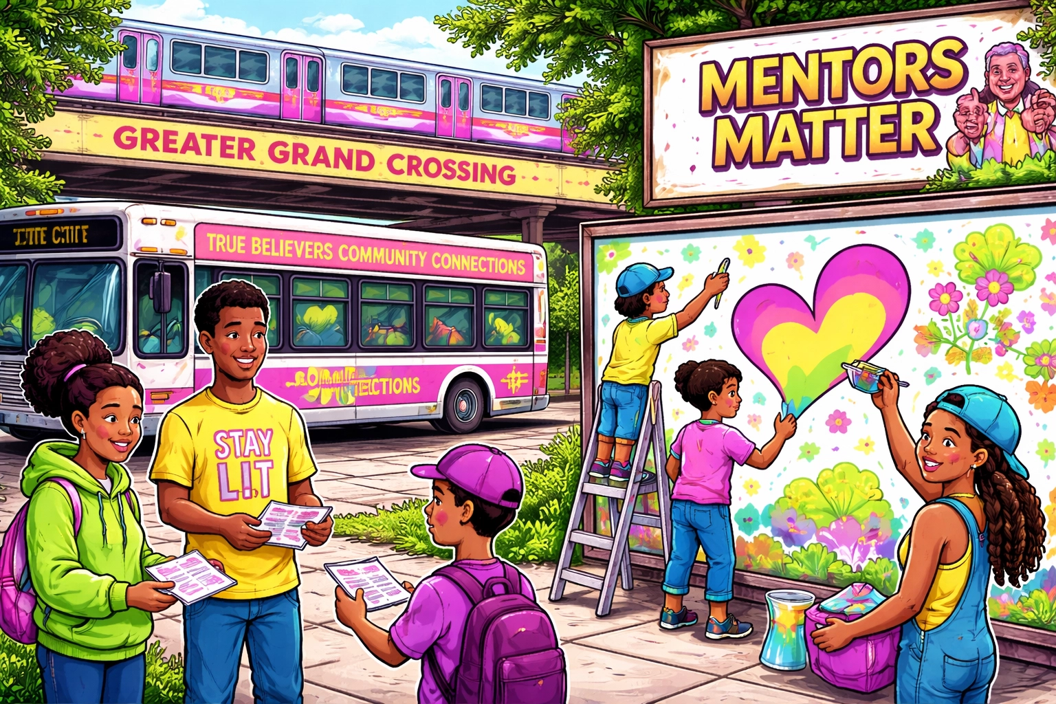 Vibrant cartoon-style graphic of diverse South Side youth in action on a Greater Grand Crossing block, using TBCC pink, yellow, green, and blue.
