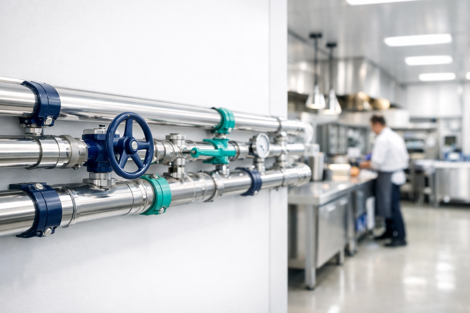 Modern commercial gas infrastructure and industrial piping in a high-usage business facility.