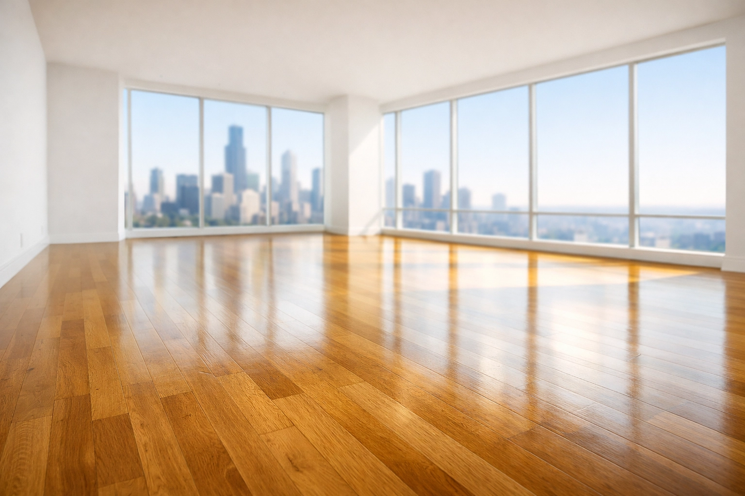 Clean luxury apartment in a Chicago high-rise with spotless hardwood floors after move-out cleaning.