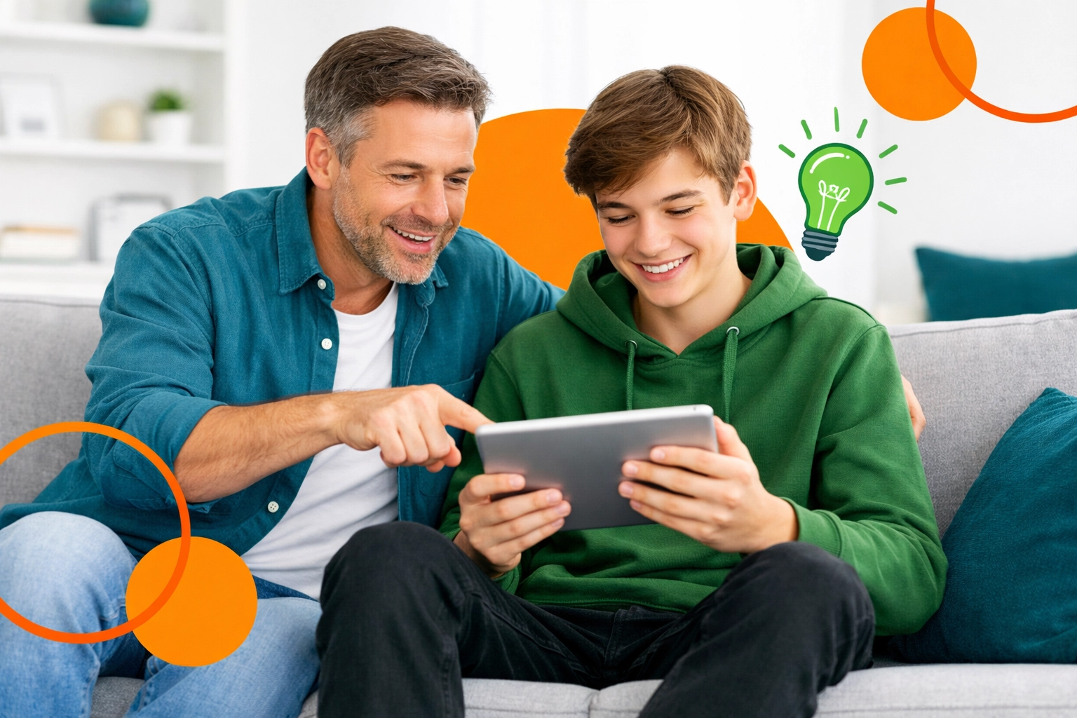 Father and teen son collaborating on a tablet to learn essential life skills through guidance.