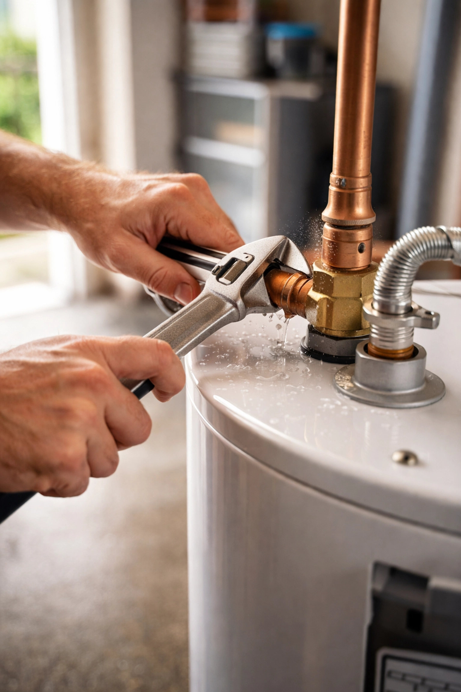 Plumber tightening water heater pipe connection to prevent leaks in a residential utility room