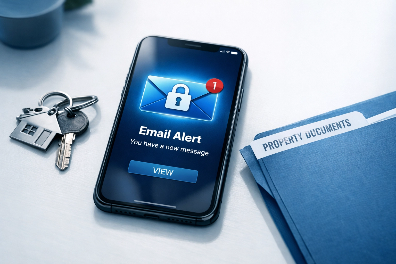 Smartphone displaying property alert notification next to house keys and documents for Florida homeowners
